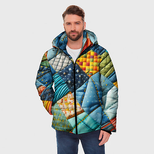 Мужская зимняя куртка Лоскутное одеяло - пэчворк / 3D-Черный – фото 3