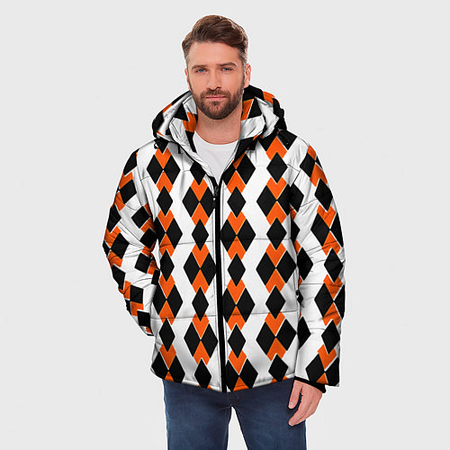Мужская зимняя куртка Чёрные и оранжевые ромбы на белом фоне / 3D-Черный – фото 3