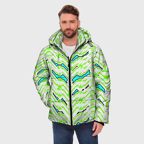 Мужская зимняя куртка Агрессивный бело-зелёный паттерн / 3D-Черный – фото 3