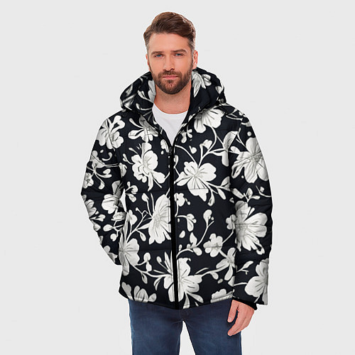 Мужская зимняя куртка Патерн белых цветов на черном фоне / 3D-Черный – фото 3