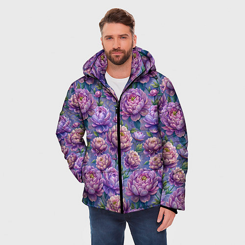 Мужская зимняя куртка Крупные пионы садовые дачные цветы паттерн / 3D-Черный – фото 3