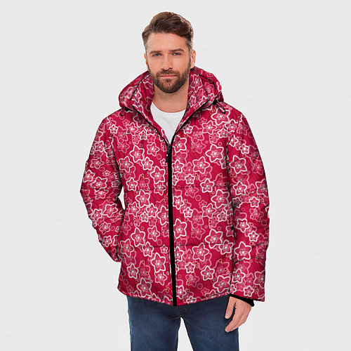 Мужская зимняя куртка Красно-белый цветочный узор ретро / 3D-Черный – фото 3