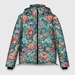 Куртка зимняя мужская Пионы паттерном садовые крупные цветы, цвет: 3D-черный