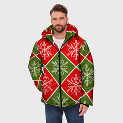 Куртка зимняя мужская Рождественский паттерн со снежинками в ромбах, цвет: 3D-красный — фото 2