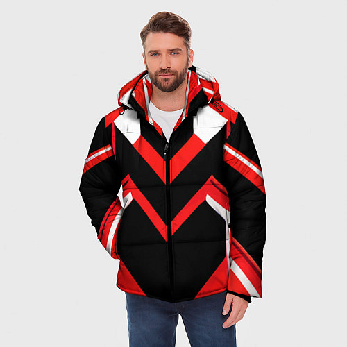 Мужская зимняя куртка Красно-белые полосы и чёрный фон / 3D-Черный – фото 3
