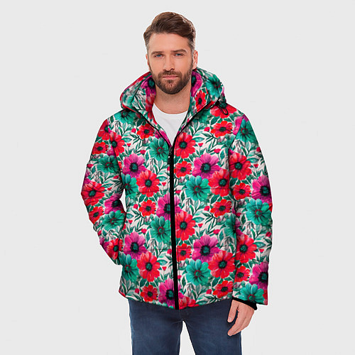 Мужская зимняя куртка Анемоны цветы яркий принт / 3D-Черный – фото 3