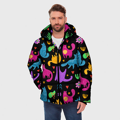 Мужская зимняя куртка Паттерн разноцветных котиков / 3D-Красный – фото 3