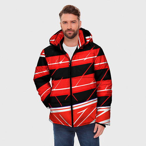 Мужская зимняя куртка Чёрно-белые полосы на красном фоне / 3D-Черный – фото 3