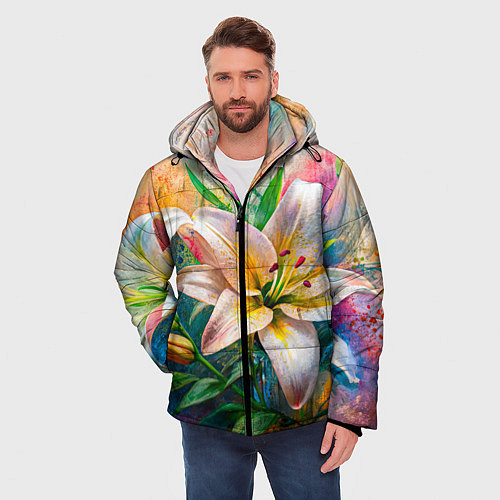 Мужская зимняя куртка Лилии абстракция гранж / 3D-Светло-серый – фото 3