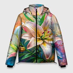 Куртка зимняя мужская Лилии абстракция гранж, цвет: 3D-светло-серый