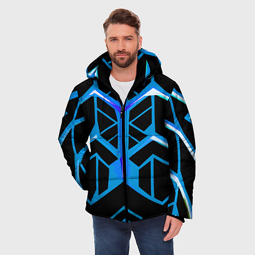 Мужская зимняя куртка Blue lines on a black background / 3D-Черный – фото 3