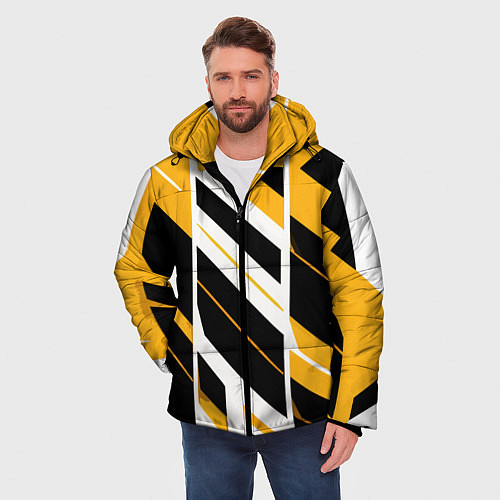 Мужская зимняя куртка Black and yellow stripes on a white background / 3D-Черный – фото 3