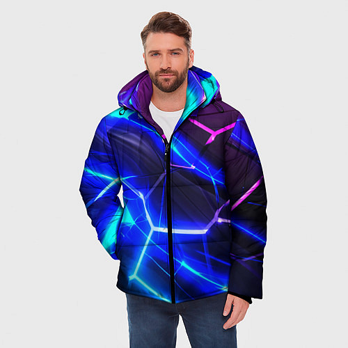 Мужская зимняя куртка Микс разломленных плит и неоновое свечения / 3D-Черный – фото 3