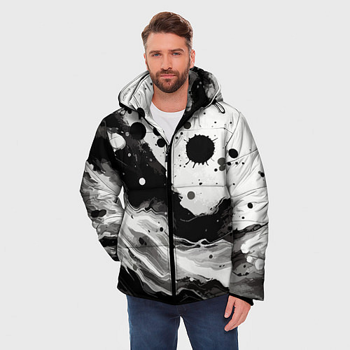 Мужская зимняя куртка Чёрно-белая абстракция - кляксы / 3D-Черный – фото 3