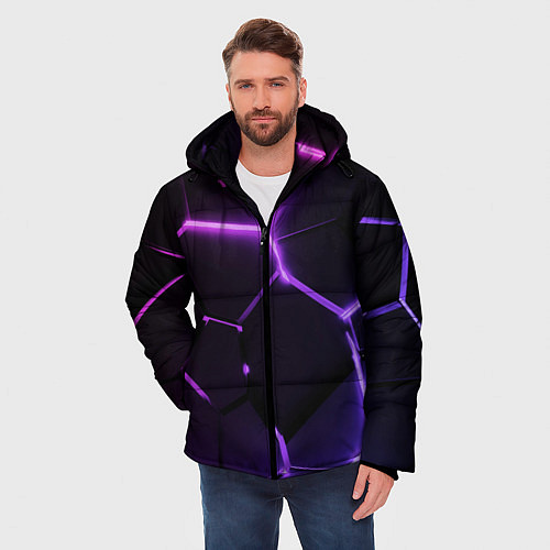 Мужская зимняя куртка Темные фиолетовые неоновые плиты в разломе / 3D-Черный – фото 3