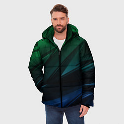 Куртка зимняя мужская Зелено-синие абстрактные объемные полосы, цвет: 3D-черный — фото 2