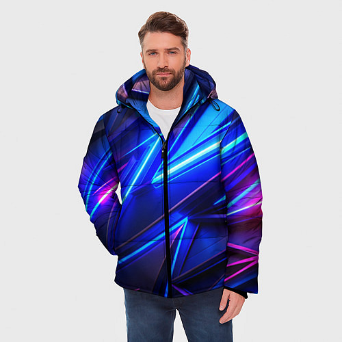 Мужская зимняя куртка Яркие неоновые геометрические линии / 3D-Светло-серый – фото 3