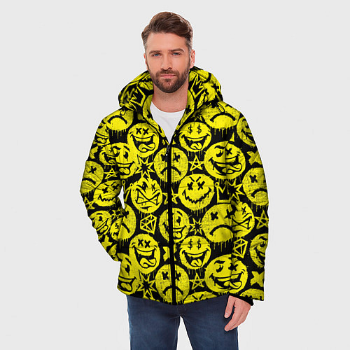Мужская зимняя куртка Желтые смайлики узор / 3D-Черный – фото 3