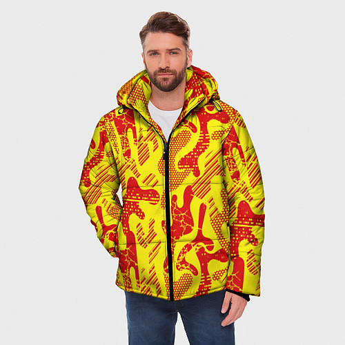 Мужская зимняя куртка Абстракция красный рисунок на желтом фоне / 3D-Черный – фото 3