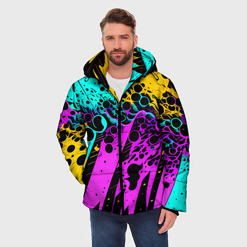 Мужская зимняя куртка Разноцветная неоновая абстракция - нейроарт / 3D-Черный – фото 3