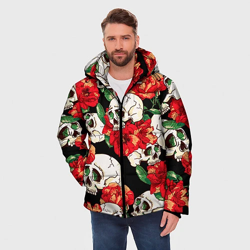 Мужская зимняя куртка Черепки и розы / 3D-Черный – фото 3