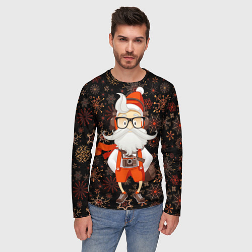 Мужской лонгслив Санта хипстер с фотоаппаратом / 3D-принт – фото 3