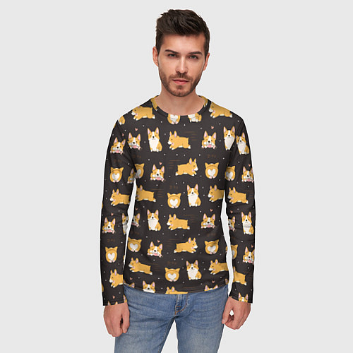 Мужской лонгслив Вельш корги бемброк - забавные щенки паттерн / 3D-принт – фото 3