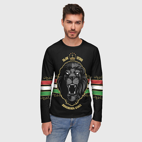 Мужской лонгслив Таджикистан - черный лев / 3D-принт – фото 3