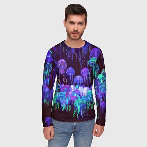 Мужской лонгслив Неоновые медузы / 3D-принт – фото 3