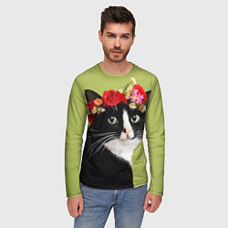 Лонгслив мужской Кот и цветы, цвет: 3D-принт — фото 2