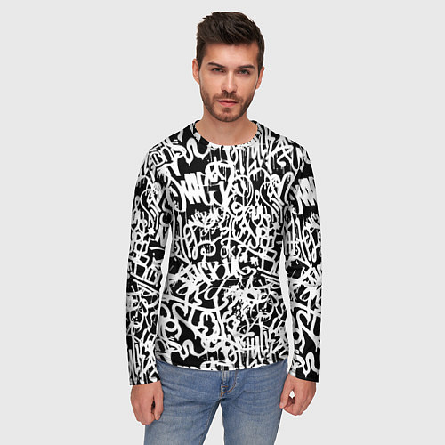 Мужской лонгслив Graffiti white on black / 3D-принт – фото 3