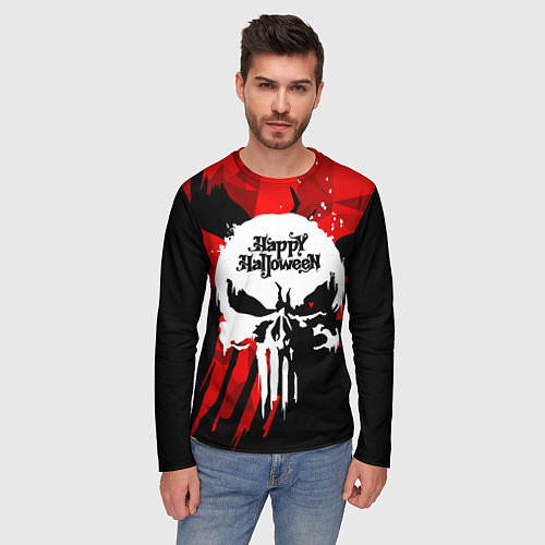 Мужской лонгслив Белый череп - счастливый Хэллоуин / 3D-принт – фото 3