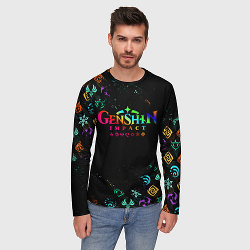 Мужской лонгслив GENSHIN IMPACT NEON LOGO RAINBOW STYLE, ЭМБЛЕМЫ / 3D-принт – фото 3