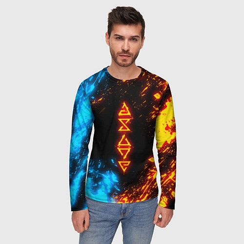 Мужской лонгслив СИМВОЛЫ ВЕДЬМАКА ОГОНЬ И ВОДА / 3D-принт – фото 3