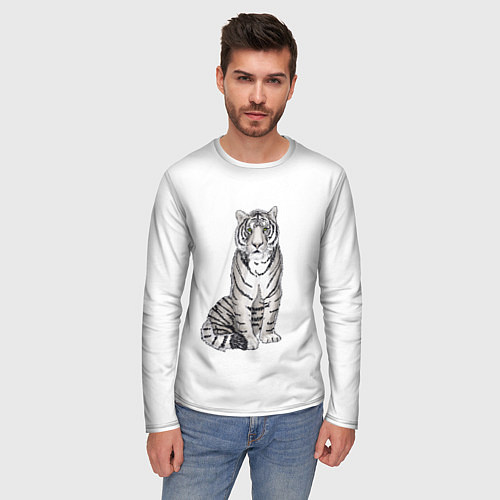 Мужской лонгслив Сидящая белая тигрица / 3D-принт – фото 3