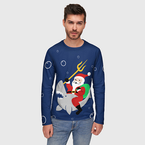 Мужской лонгслив САНТА КЛАУС НА АКУЛЕ SANTA / 3D-принт – фото 3