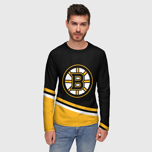 Мужской лонгслив Бостон Брюинз, Boston Bruins Диагональные полосы / 3D-принт – фото 3