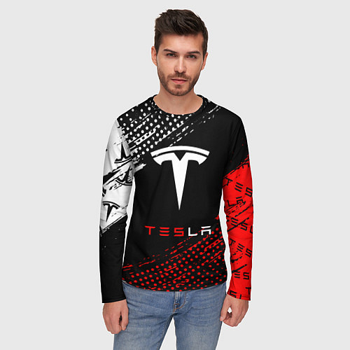 Мужской лонгслив Tesla - Logo Pattern / 3D-принт – фото 3