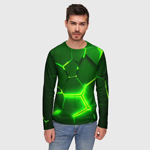 Мужской лонгслив 3D ПЛИТЫ НЕОН NEON GREEN HEXAGON РАЗЛОМ / 3D-принт – фото 3