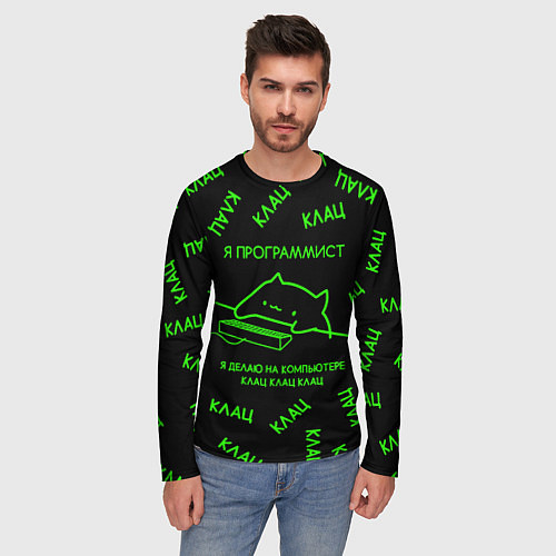 Мужской лонгслив КОТ ПРОГРАММИСТ МАТРИЦА THE MATRIX MEM CAT / 3D-принт – фото 3