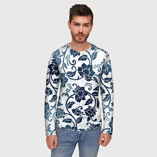 Мужской лонгслив Гжелевые цветы / 3D-принт – фото 3