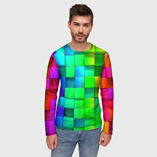 Мужской лонгслив РАЗНОЦВЕТНЫЕ КУБИКИ MULTICOLORED CUBES / 3D-принт – фото 3