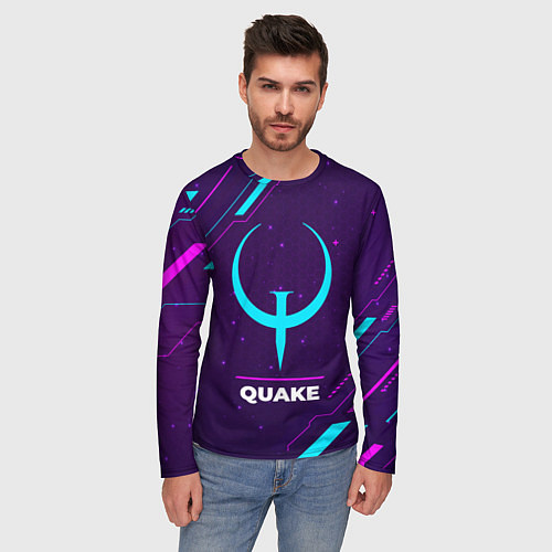 Мужской лонгслив Символ Quake в неоновых цветах на темном фоне / 3D-принт – фото 3