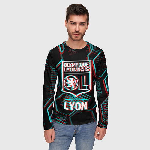 Мужской лонгслив Lyon FC в стиле Glitch на темном фоне / 3D-принт – фото 3