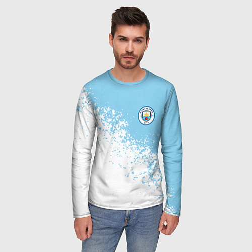 Мужской лонгслив Manchester city белые брызги на голубом фоне / 3D-принт – фото 3