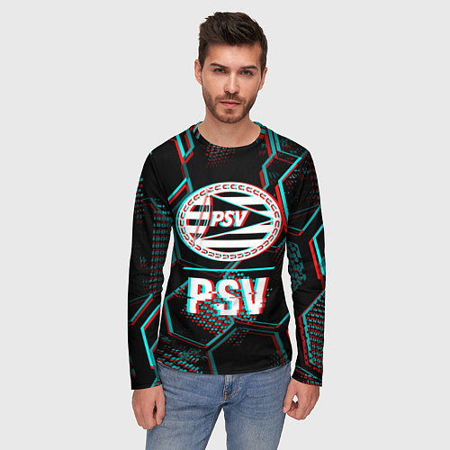 Мужской лонгслив PSV FC в стиле Glitch на темном фоне / 3D-принт – фото 3