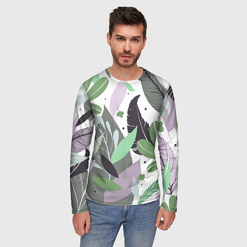 Мужской лонгслив Зелёные, серые, голубые, сиреневые листья на белом / 3D-принт – фото 3