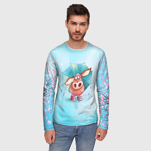 Мужской лонгслив Свинка под зонтиком в дождь / 3D-принт – фото 3