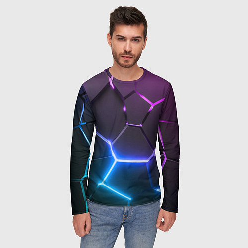 Мужской лонгслив Фиолетовый градиент - неоновые геометрические плит / 3D-принт – фото 3