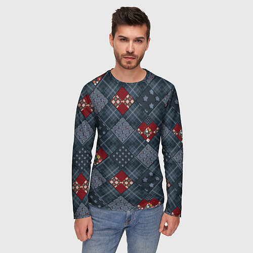 Мужской лонгслив Red and blue denim patchwork / 3D-принт – фото 3